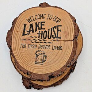 4 Welcome to our Lake House Wood Raw Edge Coasters Custom Tipsy Beaver Lodge